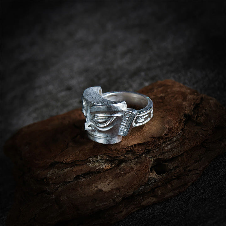 Anello di protezione per maschera Sanxingdui in argento sterling 999 Buddha Stones e fusione a mano