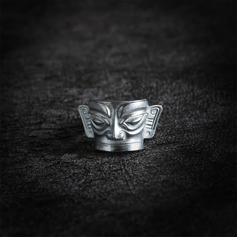 Anello di protezione per maschera Sanxingdui in argento sterling 999 Buddha Stones e fusione a mano