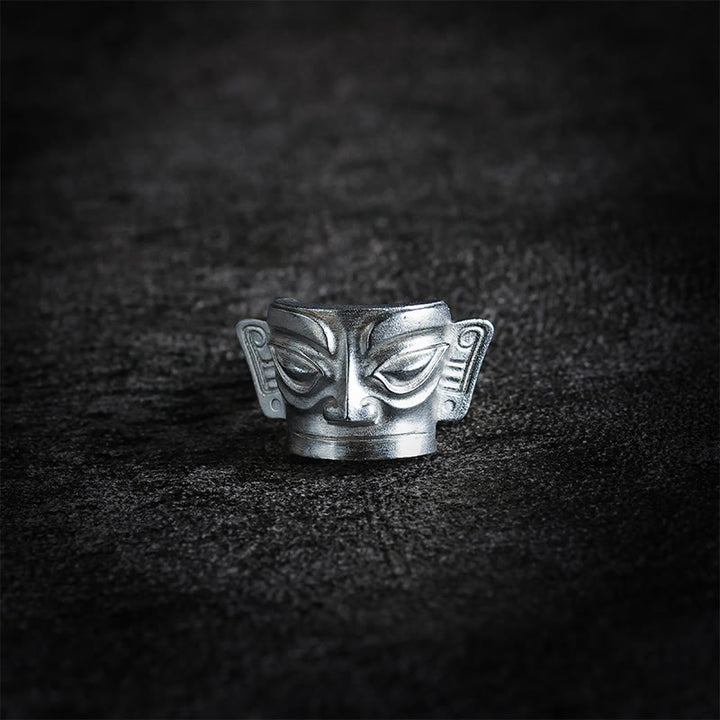 Anello di protezione per maschera Sanxingdui in argento sterling 999 Buddha Stones e fusione a mano