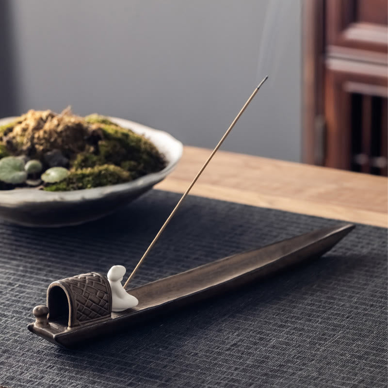 Buddha Stones Pescatore Zen Guarigione Marrone Ceramica Bastoncino Incenso Bruciatore Decorazione - image 3