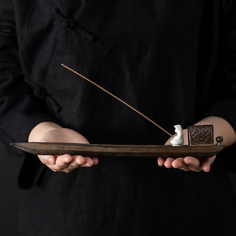 Buddha Stones Pescatore Zen Guarigione Marrone Ceramica Bastoncino Incenso Bruciatore Decorazione - image 4