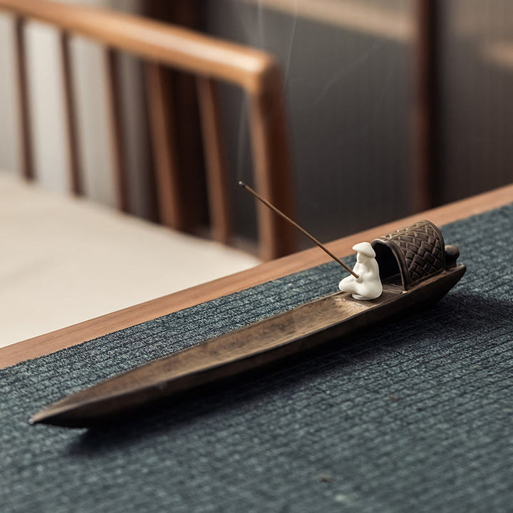 Buddha Stones Pescatore Zen Guarigione Marrone Ceramica Bastoncino Incenso Bruciatore Decorazione - image 2