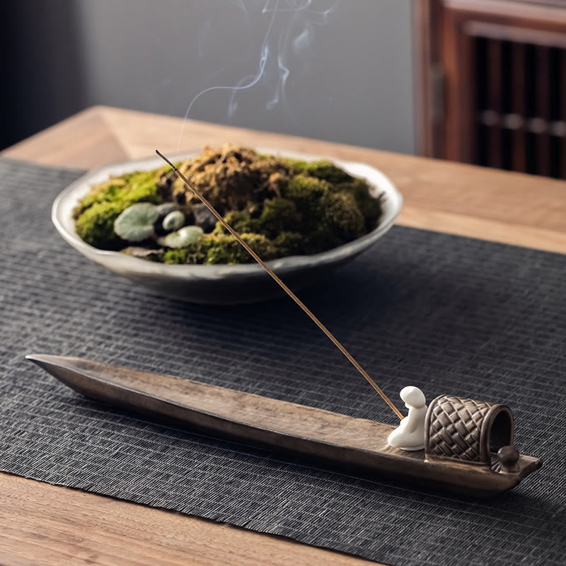 Buddha Stones Pescatore Zen Guarigione Marrone Ceramica Bastoncino Incenso Bruciatore Decorazione - image 1