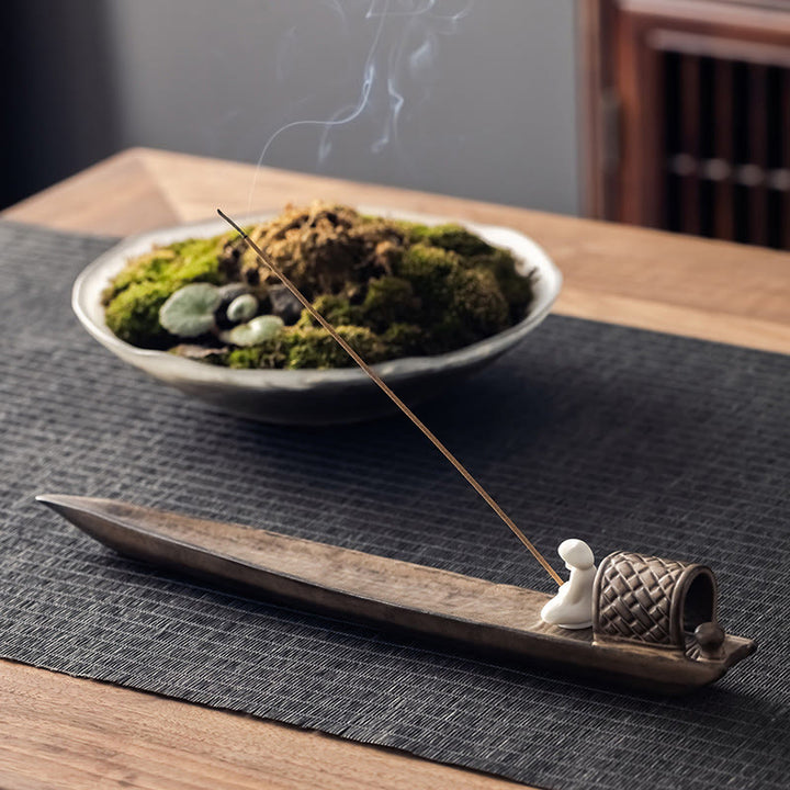 Buddha Stones Pescatore Zen Guarigione Marrone Ceramica Bastoncino Incenso Bruciatore Decorazione - image 1