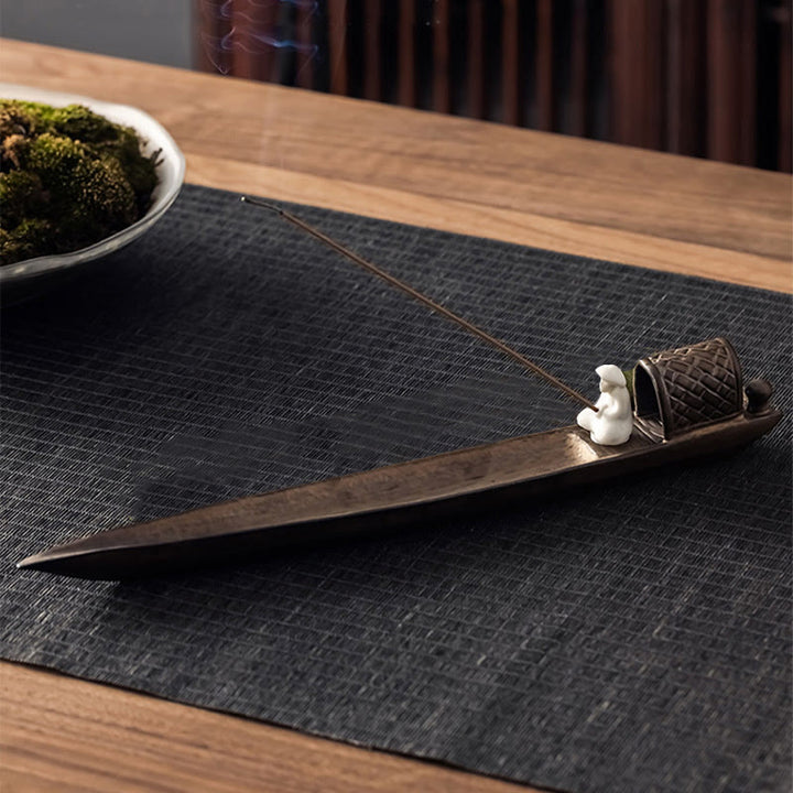 Buddha Stones Pescatore Zen Guarigione Marrone Ceramica Bastoncino Incenso Bruciatore Decorazione