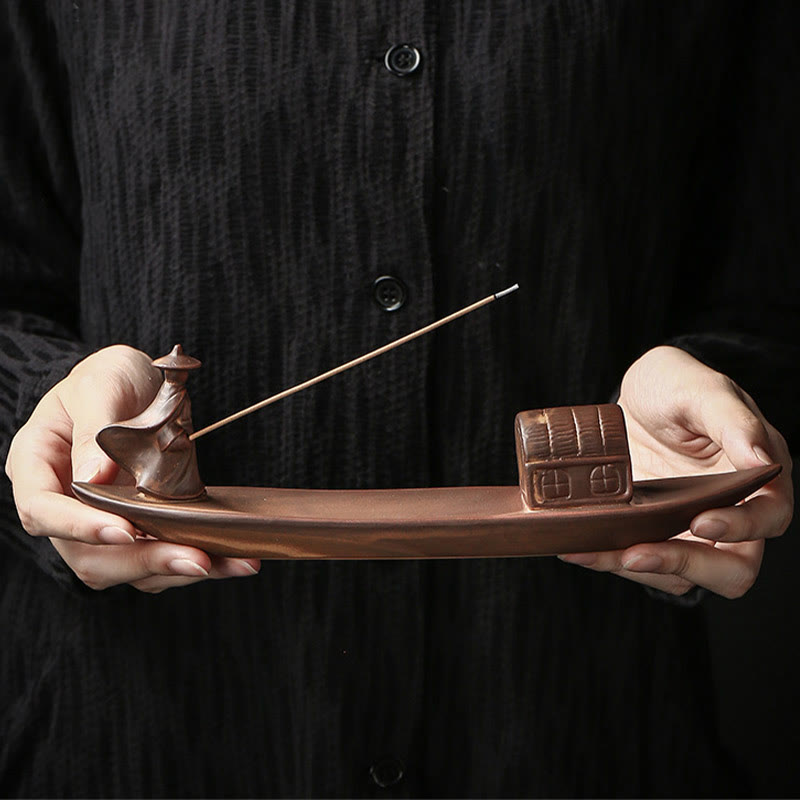 Buddha Stones Pescatore Barca da pesca Bambù Mano di Buddha Loto Guarigione spirituale Bastoncino di ceramica Bruciatore di incenso Decorazione - image 1