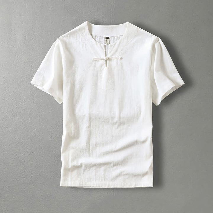 Camicia da uomo in lino di cotone con bottone a forma di rana, casual, a maniche corte, tinta unita , Buddha Stones - Bianco - US/UK/AU54, EU64 (9XL) - image 1