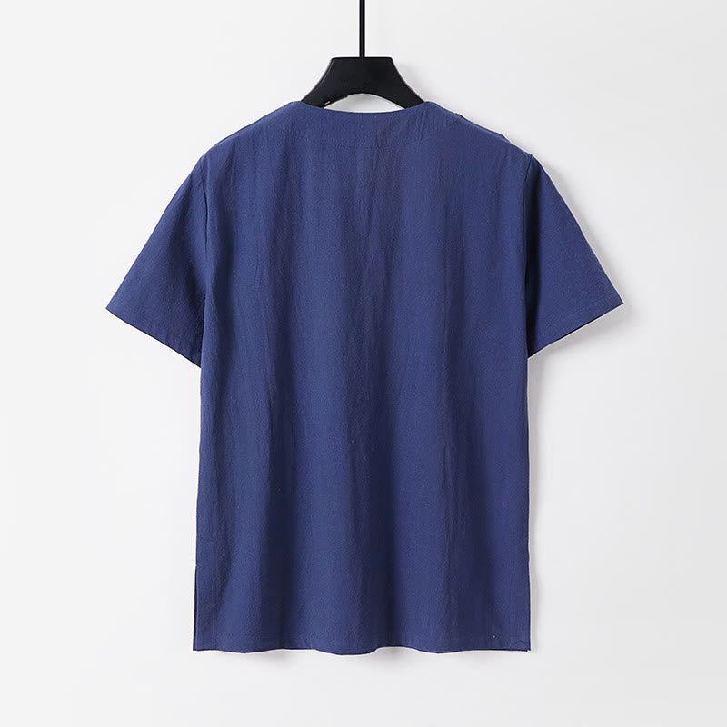 Camicia da uomo in lino di cotone con bottone a forma di rana, casual, a maniche corte, tinta unita , Buddha Stones - image 4