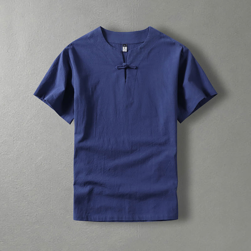 Camicia da uomo in lino di cotone con bottone a forma di rana, casual, a maniche corte, tinta unita , Buddha Stones - Blu scuro - US/UK/AU54, EU64 (9XL) - image 3