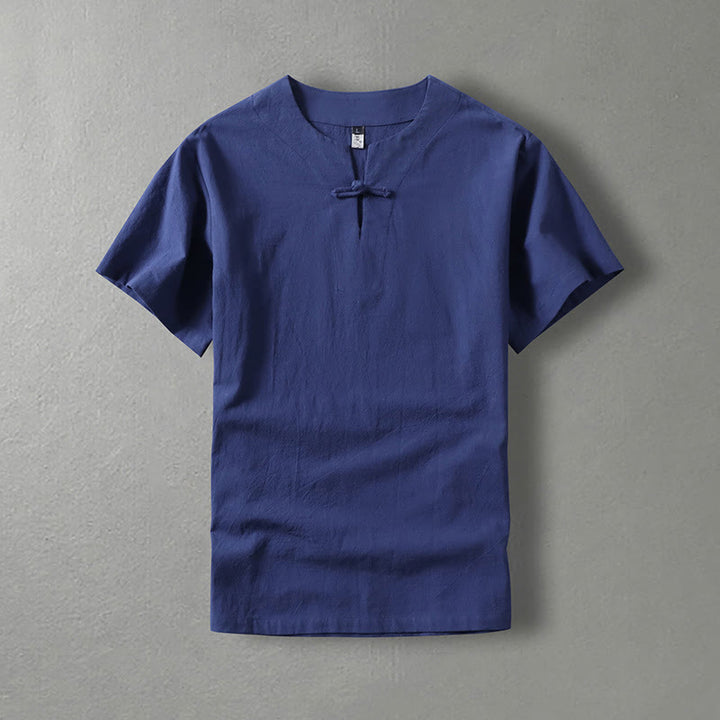 Camicia da uomo in lino di cotone con bottone a forma di rana, casual, a maniche corte, tinta unita , Buddha Stones - Blu scuro - US/UK/AU54, EU64 (9XL) - image 3