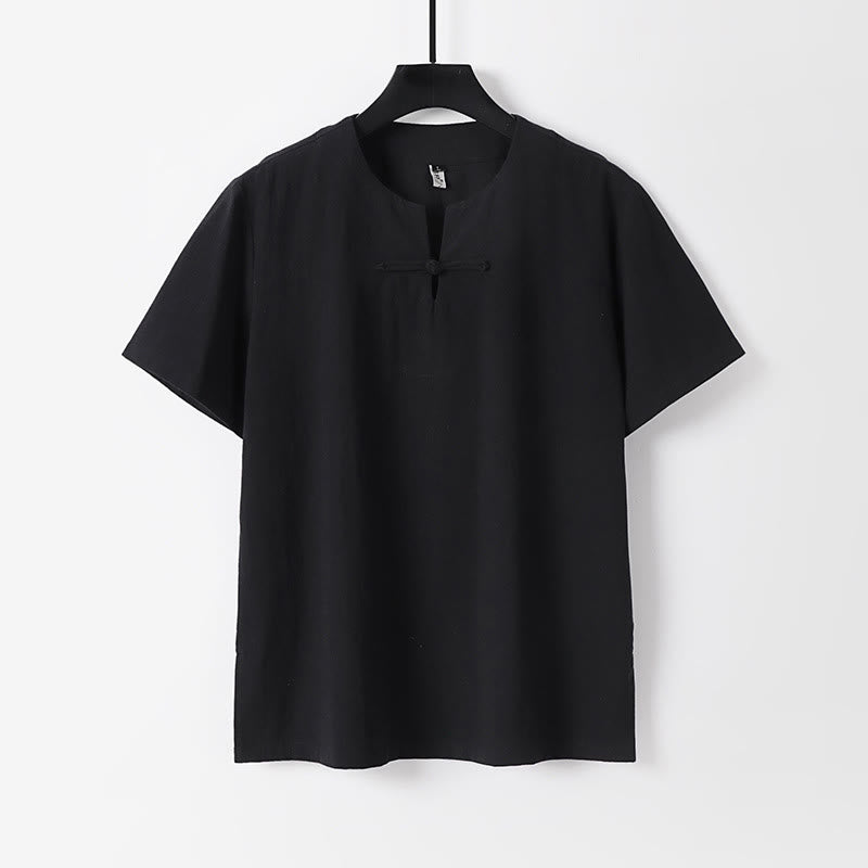 Camicia da uomo in cotone e lino con un bottone a forma di rana, manica corta, tinta unita , Buddha Stones - Nero - US/UK/AU54, EU64 (9XL) - image 2