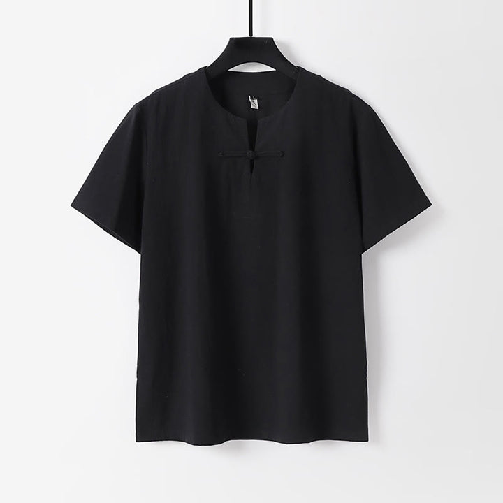 Camicia da uomo in cotone e lino con un bottone a forma di rana, manica corta, tinta unita , Buddha Stones - Nero - US/UK/AU54, EU64 (9XL) - image 2