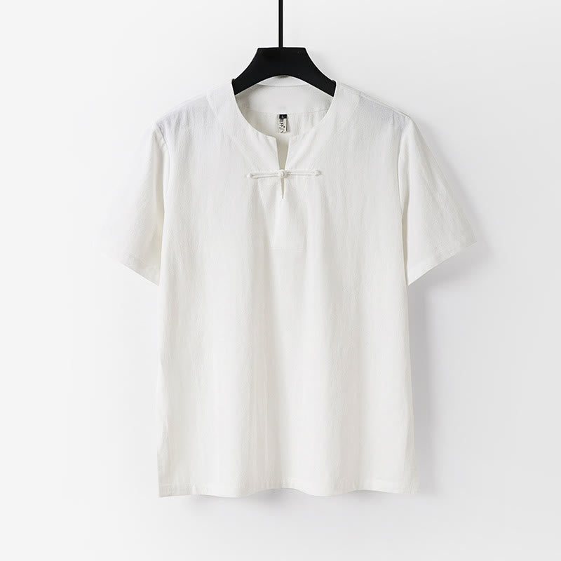 Camicia da uomo in cotone e lino con un bottone a forma di rana, manica corta, tinta unita , Buddha Stones - Bianco - US/UK/AU54, EU64 (9XL) - image 1