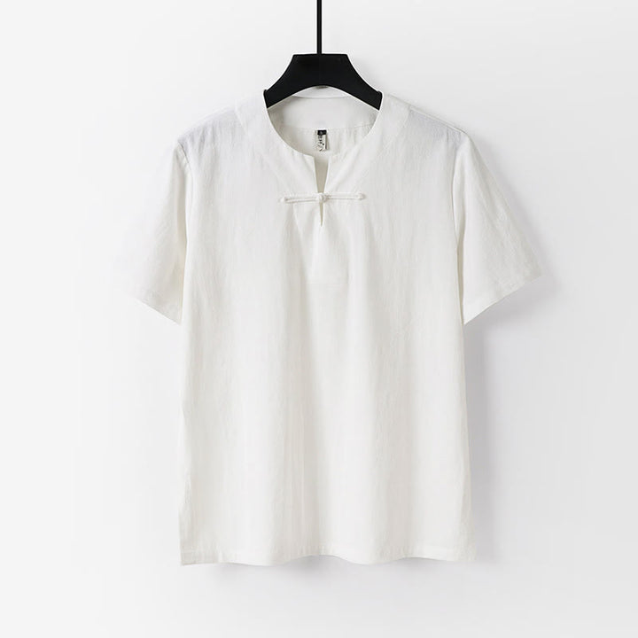 Camicia da uomo in cotone e lino con un bottone a forma di rana, manica corta, tinta unita , Buddha Stones - Bianco - US/UK/AU54, EU64 (9XL) - image 1