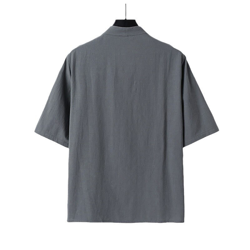 Camicia da uomo in cotone e lino casual con due bottoni e maniche a tre quarti, tinta unita , Buddha Stones - image 3