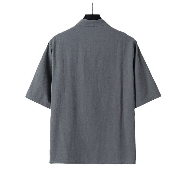 Camicia da uomo in cotone e lino casual con due bottoni e maniche a tre quarti, tinta unita , Buddha Stones