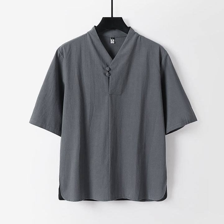 Camicia da uomo in cotone e lino casual con due bottoni e maniche a tre quarti, tinta unita , Buddha Stones