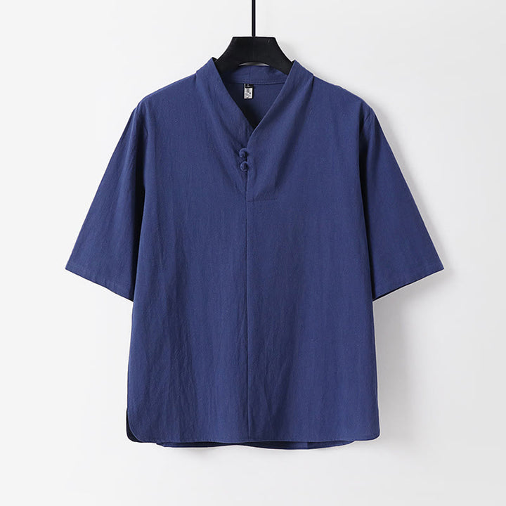 Camicia da uomo in cotone e lino casual con due bottoni e maniche a tre quarti, tinta unita , Buddha Stones