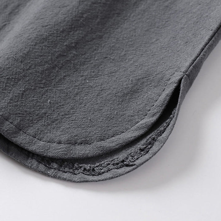 Camicia da uomo in cotone e lino casual con due bottoni e maniche a tre quarti, tinta unita , Buddha Stones