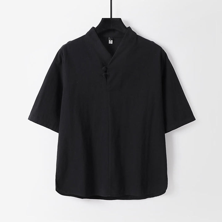 Camicia da uomo in cotone e lino casual con due bottoni e maniche a tre quarti, tinta unita , Buddha Stones