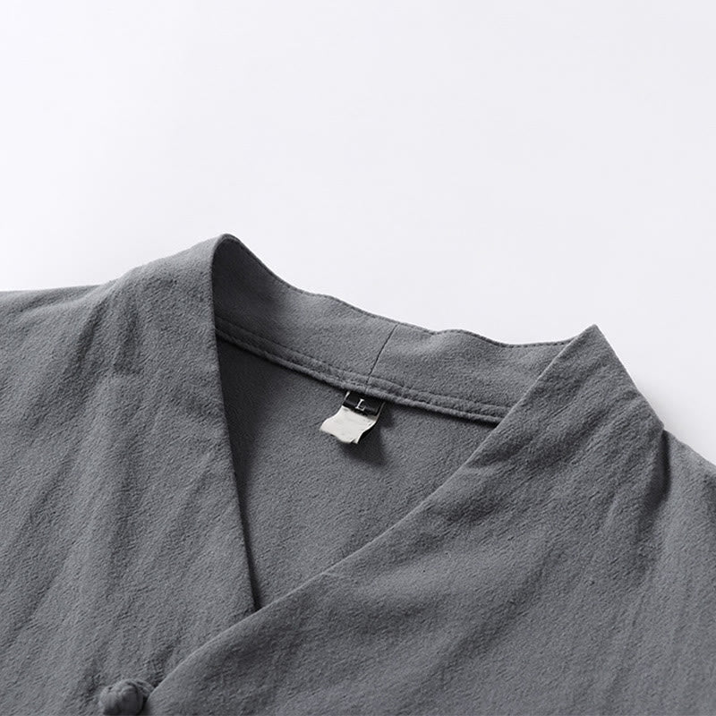 Camicia da uomo in cotone e lino casual con due bottoni e maniche a tre quarti, tinta unita , Buddha Stones