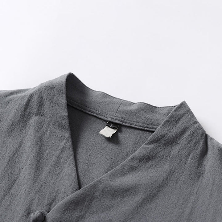 Camicia da uomo in cotone e lino casual con due bottoni e maniche a tre quarti, tinta unita , Buddha Stones