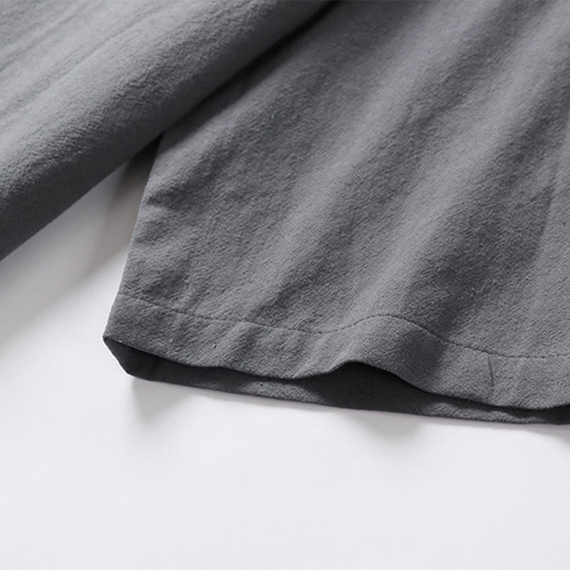 Camicia da uomo in cotone e lino casual con due bottoni e maniche a tre quarti, tinta unita , Buddha Stones