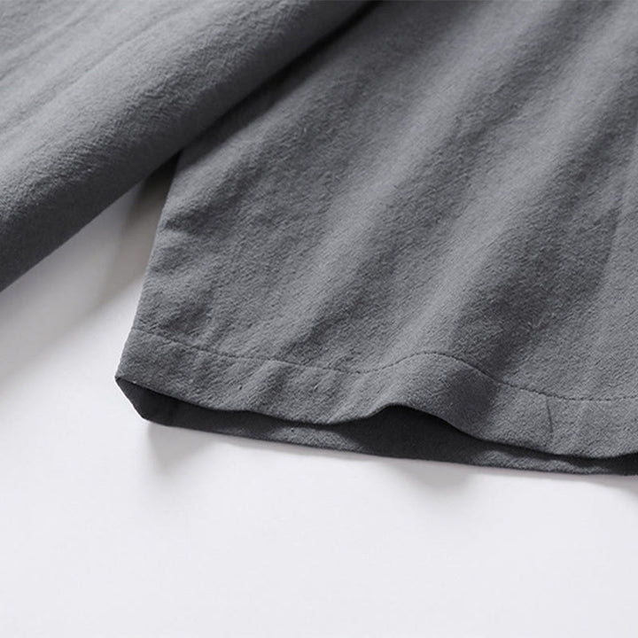 Camicia da uomo in cotone e lino casual con due bottoni e maniche a tre quarti, tinta unita , Buddha Stones