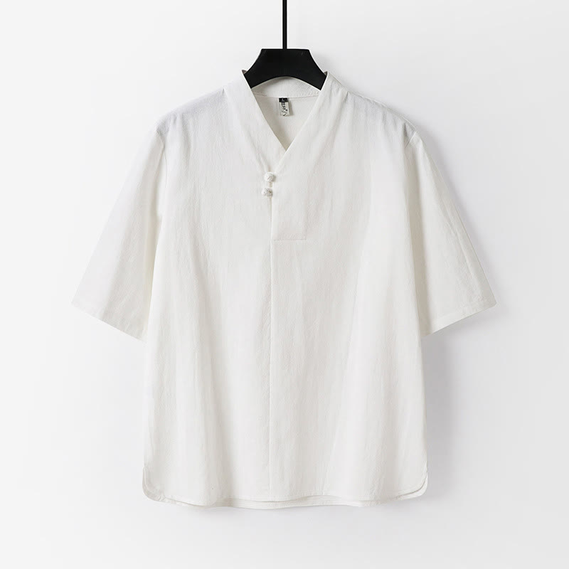 Camicia da uomo in cotone e lino casual con due bottoni e maniche a tre quarti, tinta unita , Buddha Stones