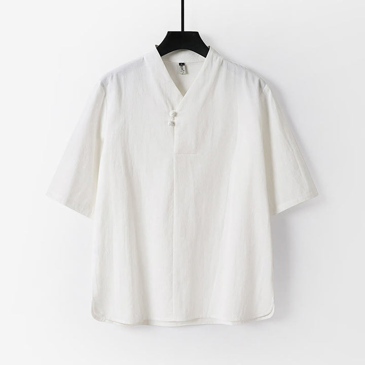 Camicia da uomo in cotone e lino casual con due bottoni e maniche a tre quarti, tinta unita , Buddha Stones