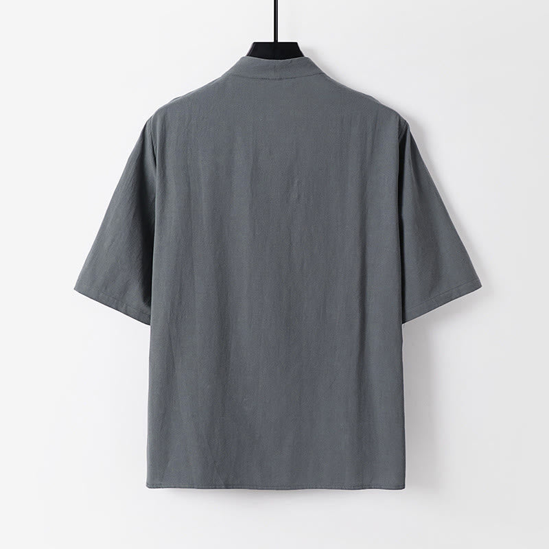 Camicia da uomo in cotone con maniche a tre quarti, casual, tinta unita, due bottoni , Buddha Stones - image 3