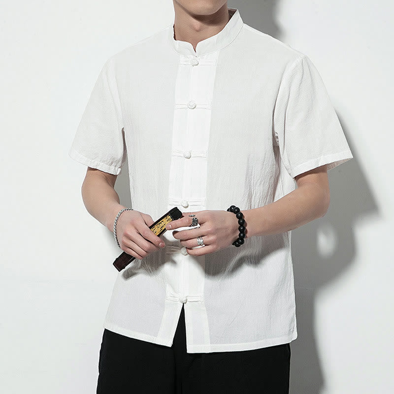 Buddha Stones da uomo in lino a maniche corte con bottoni a rana sul davanti, tinta unita, stile cinese, stile tang - image 14