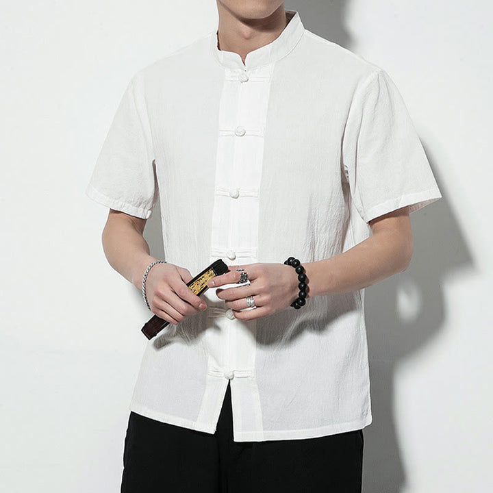 Buddha Stones da uomo in lino a maniche corte con bottoni a rana sul davanti, tinta unita, stile cinese, stile tang - image 14