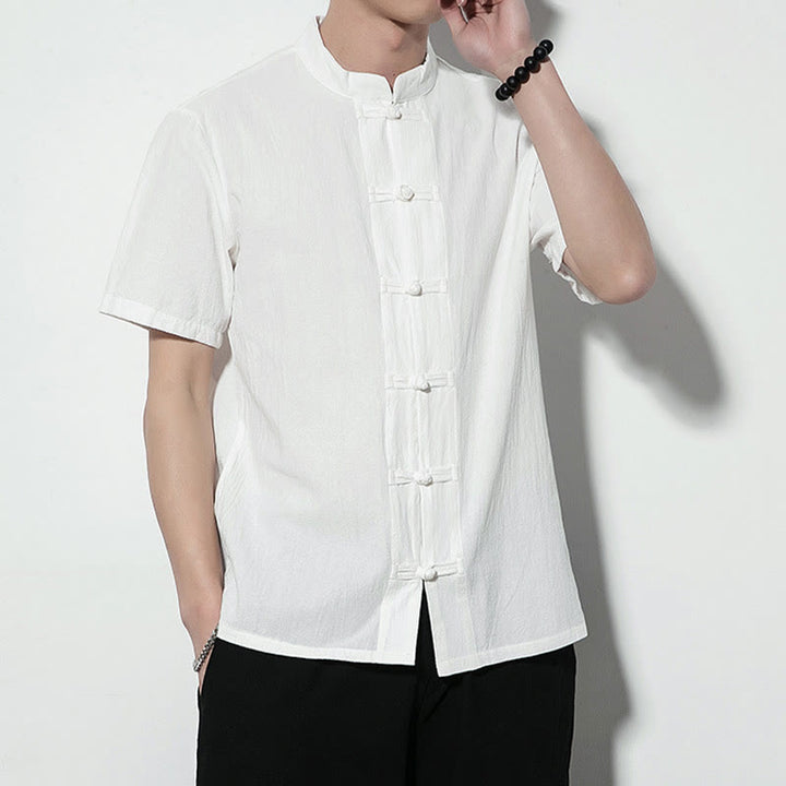 Buddha Stones da uomo in lino a maniche corte con bottoni a rana sul davanti, tinta unita, stile cinese, stile tang - image 12