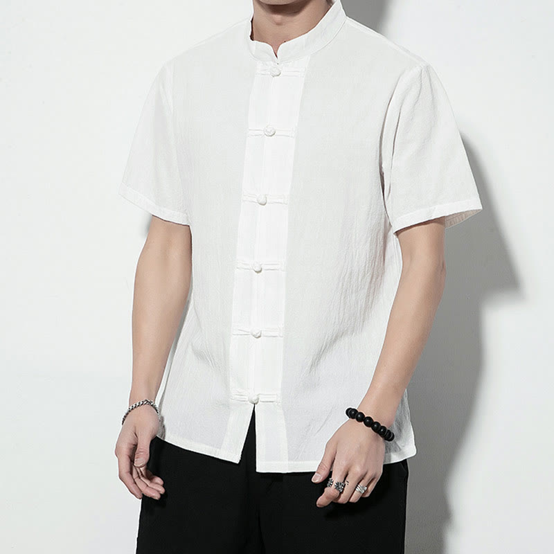 Buddha Stones da uomo in lino a maniche corte con bottoni a rana sul davanti, tinta unita, stile cinese, stile tang - image 10