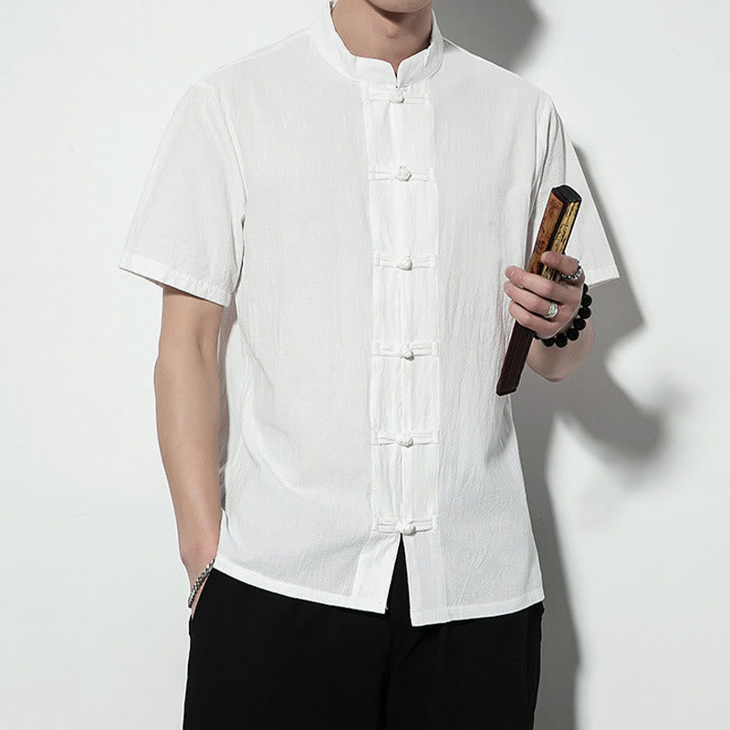 Buddha Stones da uomo in lino a maniche corte con bottoni a rana sul davanti, tinta unita, stile cinese, stile tang - image 15