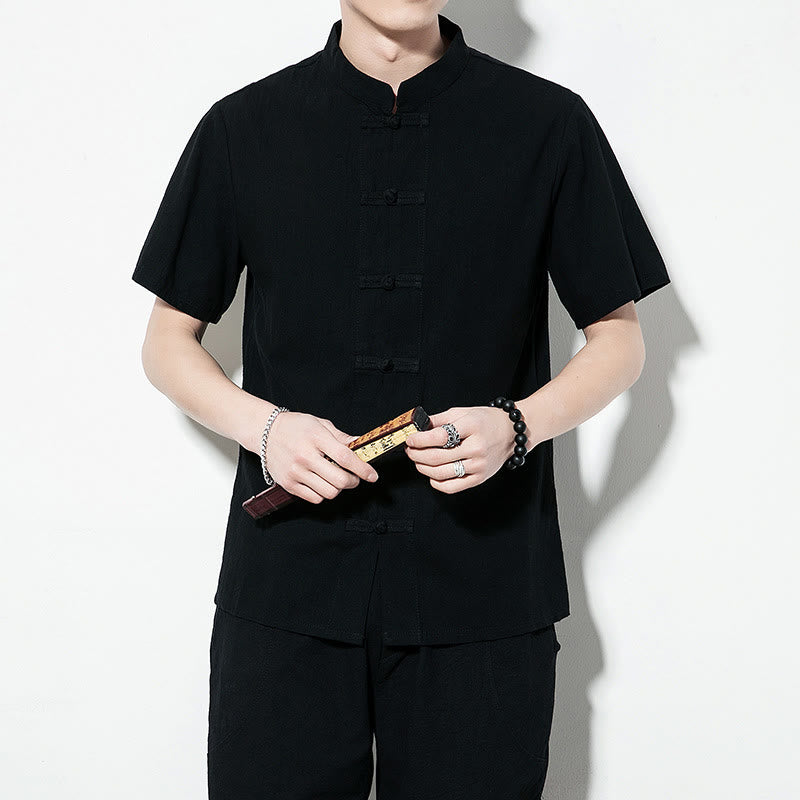 Buddha Stones da uomo in lino a maniche corte con bottoni a rana sul davanti, tinta unita, stile cinese, stile tang - image 18