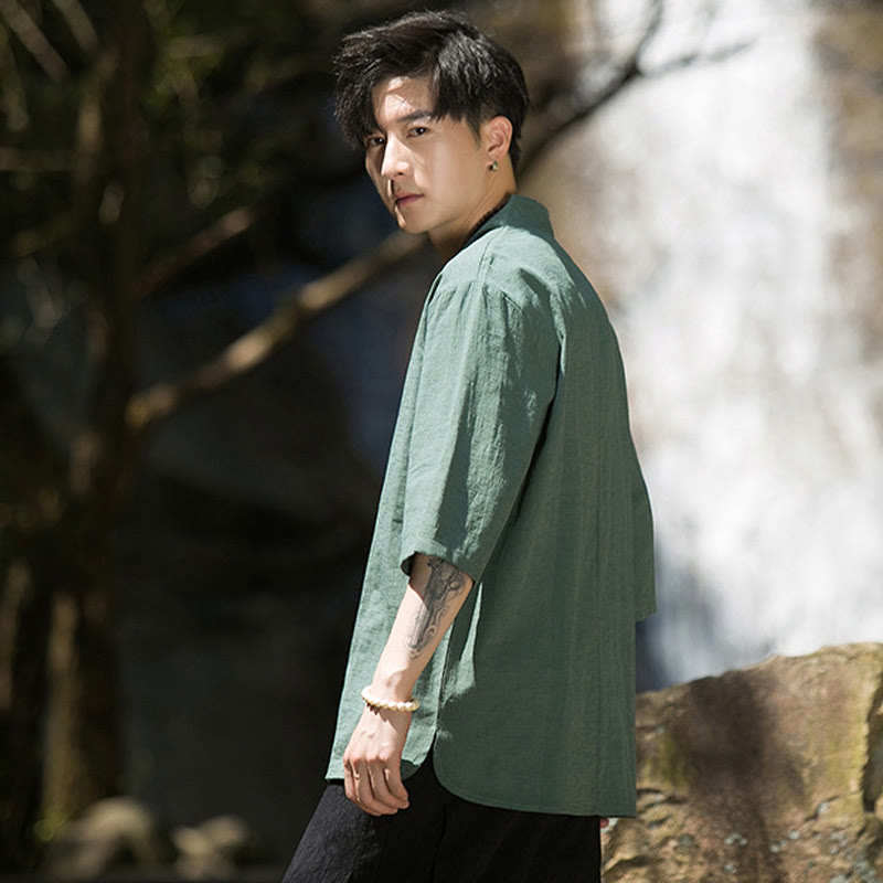 Camicia da uomo in cotone e lino con maniche a tre quarti, casual, tinta unita, due bottoni, Buddha Stones