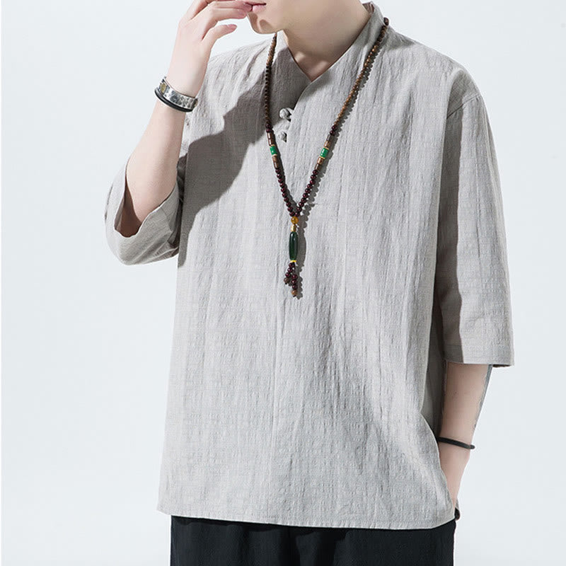 Camicia da uomo in cotone e lino con maniche a tre quarti, casual, tinta unita, due bottoni, Buddha Stones