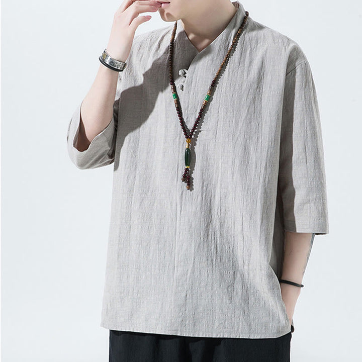 Camicia da uomo in cotone e lino con maniche a tre quarti, casual, tinta unita, due bottoni, Buddha Stones