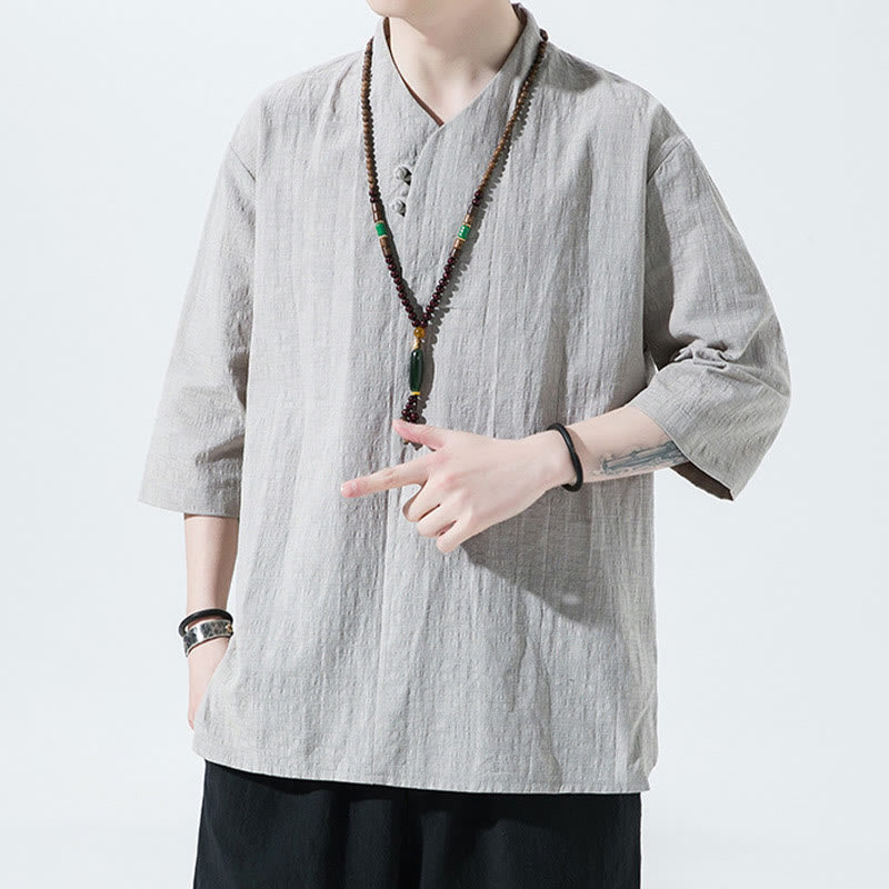 Camicia da uomo in cotone e lino con maniche a tre quarti, casual, tinta unita, due bottoni, Buddha Stones