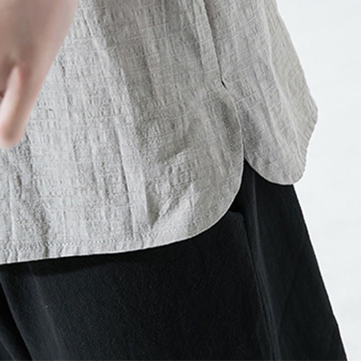 Camicia da uomo in cotone e lino con maniche a tre quarti, casual, tinta unita, due bottoni, Buddha Stones - image 10