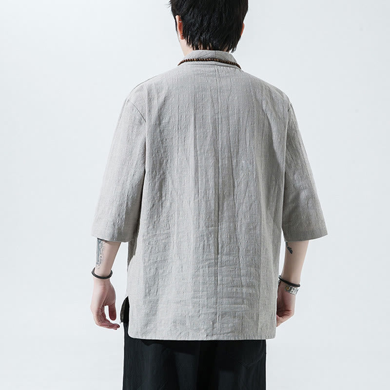 Camicia da uomo in cotone e lino con maniche a tre quarti, casual, tinta unita, due bottoni, Buddha Stones - image 4