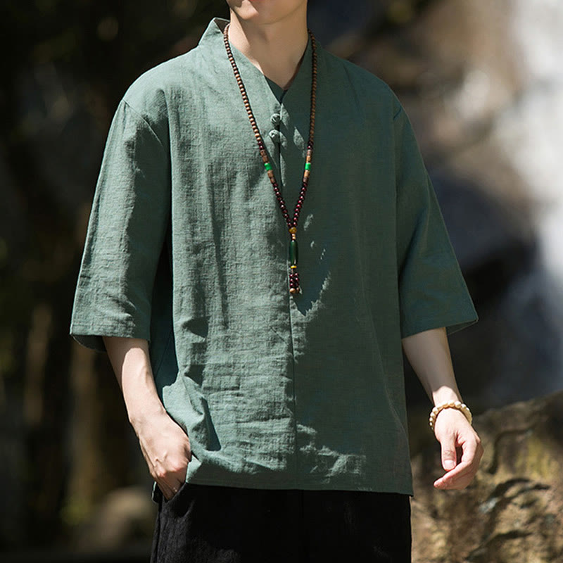 Camicia da uomo in cotone e lino con maniche a tre quarti, casual, tinta unita, due bottoni, Buddha Stones