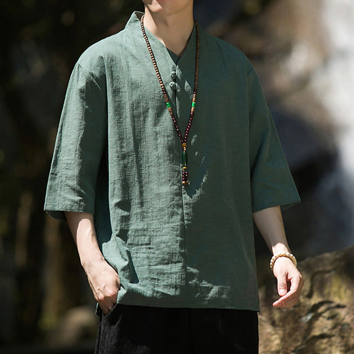 Camicia da uomo in cotone e lino con maniche a tre quarti, casual, tinta unita, due bottoni, Buddha Stones