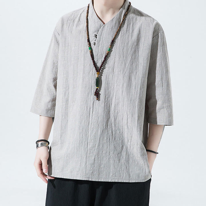 Camicia da uomo in cotone e lino con maniche a tre quarti, casual, tinta unita, due bottoni, Buddha Stones