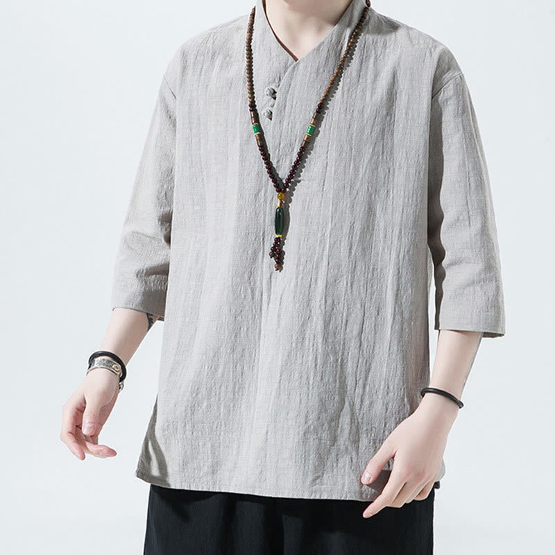 Camicia da uomo in cotone e lino con maniche a tre quarti, casual, tinta unita, due bottoni, Buddha Stones - image 1