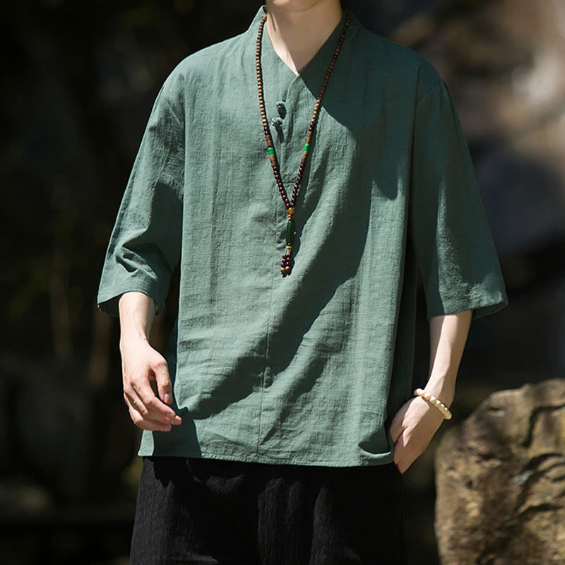 Camicia da uomo in cotone e lino con maniche a tre quarti, casual, tinta unita, due bottoni, Buddha Stones