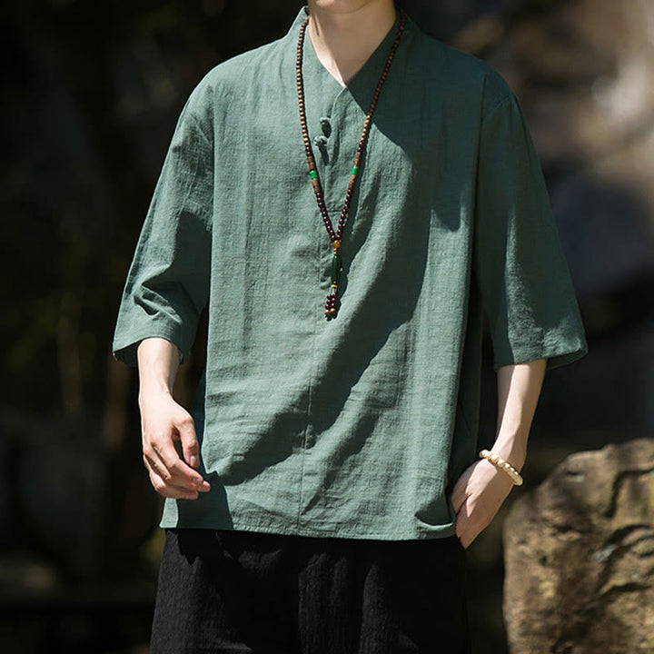 Camicia da uomo in cotone e lino con maniche a tre quarti, casual, tinta unita, due bottoni, Buddha Stones