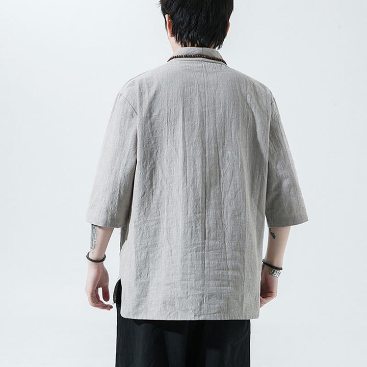 Camicia da uomo in cotone e lino con maniche a tre quarti, casual, tinta unita, due bottoni, Buddha Stones
